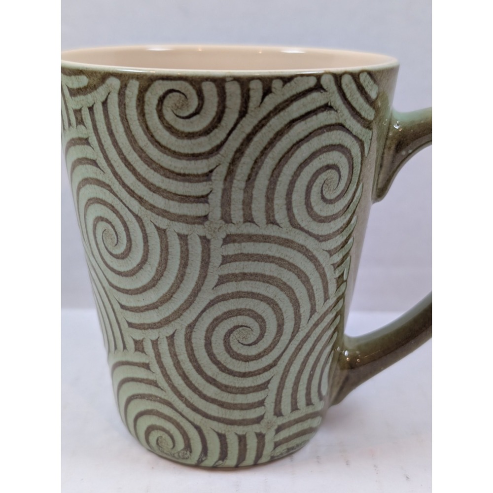 Studio Pottery Mug Green Brown Spiral Swirl Handcrafted Boho 4.5"